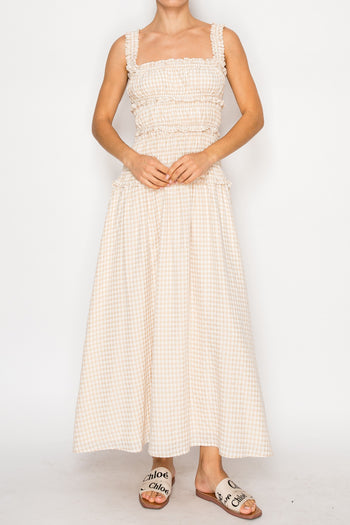 STITCH & Co Gingham Maxi Dress in Sand