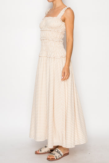 STITCH & Co Gingham Maxi Dress in Sand