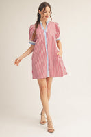 Jodifl Striped Button Front Puff Sleeve Dress in Red ON ORDER