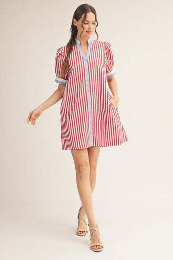 red and pink striped dress Jodifl Striped Button Front Puff Sleeve Dress in Red – June Adel