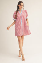 Load image into Gallery viewer, Jodifl Striped Button Front Puff Sleeve Dress in Red ON ORDER
