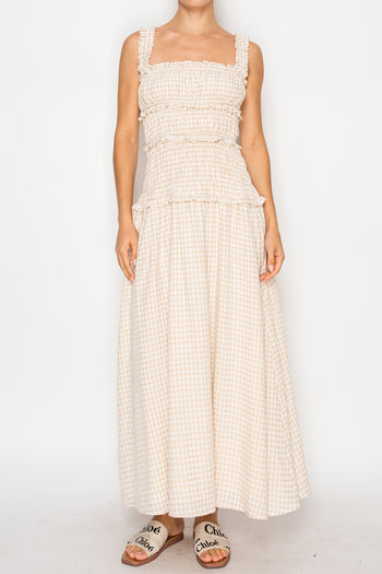STITCH & Co Gingham Maxi Dress in Sand