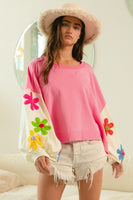 BiBi Color Block Top with Daisy Patched Sleeves in Pink