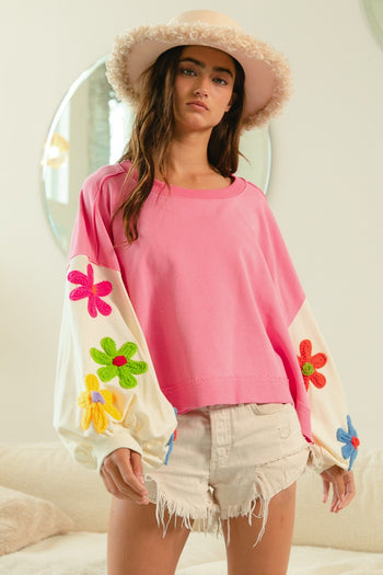 BiBi Color Block Top with Daisy Patched Sleeves in Pink