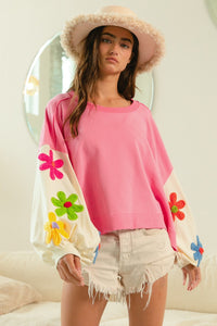 BiBi Color Block Top with Daisy Patched Sleeves in Pink