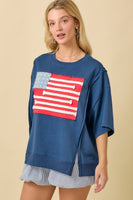 Main Strip OVERSIZED American Flag Patchwork Terry Knit Top in Dark Blue