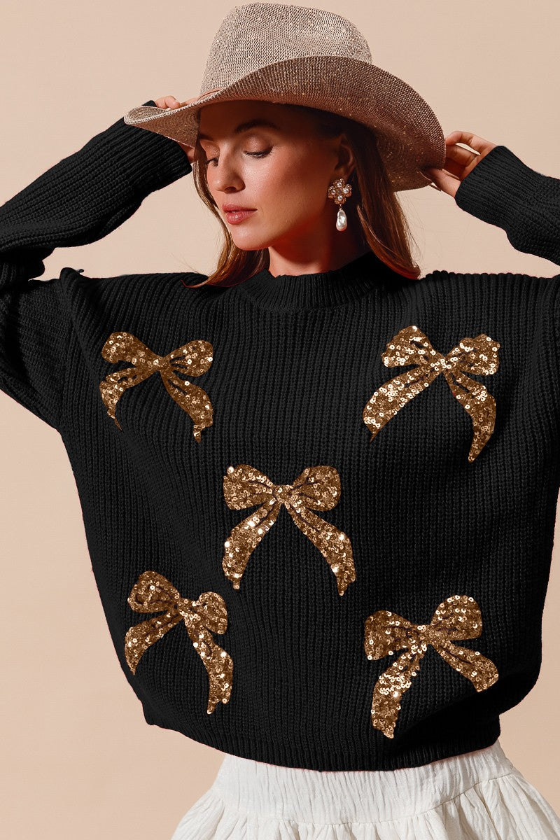 So Me Christmas Ribbon Bow Sequin Sweater in Black/Gold
