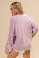 BiBi Solid Color Raglan Sweater with Cable Knit Sleeves in Lilac