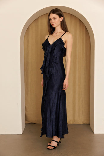 Storia Cascade Ruffle Maxi Dress in Navy