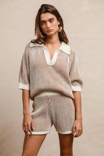 BiBi Two Toned Textured Ribbed Sweater Top and Shorts Set in Ivory/Cinnamon