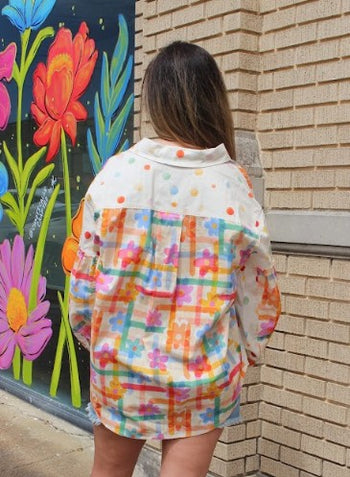 J.nna Playful Plaid with Dots and Flowers Top in Confetti Garden