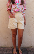 FATE Elastic Waist Faux Leather Short in Ecru