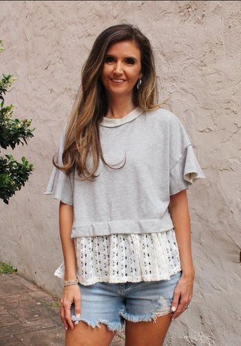 Sew in Love Contrasting Terry Knit and Lace Top in Grey/White