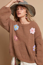 Load image into Gallery viewer, POL Chenille Knit Sweater with Multi Colored Flower Appliques in Mocha ON ORDER
