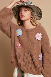 POL Chenille Knit Sweater with Multi Colored Flower Appliques in Mocha ON ORDER