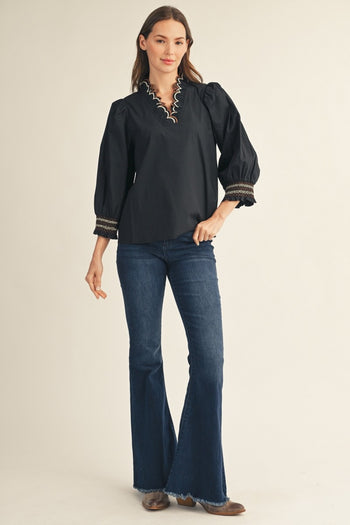 Jodifl Embroidered Scallop V Neckline Solid Top in Black