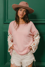 Load image into Gallery viewer, BiBi French Terry Pullover Top with Crochet Sleeves in Blush
