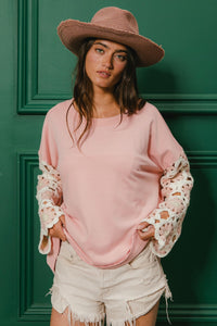 BiBi French Terry Pullover Top with Crochet Sleeves in Blush