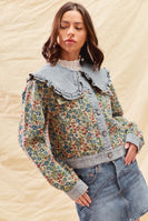 So Me Floral Jacquard Jacket with Denim Details in Oatmeal/Blue Multi