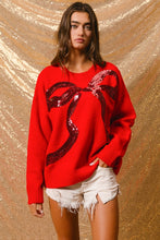 Load image into Gallery viewer, BiBi Solid Color Knit Sweater with Large Sequin Bow Front in Red
