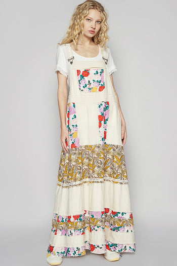 POL Mixed Print Patchwork Overall Dress in Oatmilk