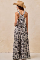 BiBi Mineral Washed Denim Rose Print Wide Leg Jumpsuit in Grey/Black