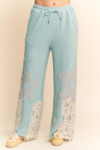 Davi & Dani Thermal Knit and Lace Pants with Flower Patches in Light Blue Grey