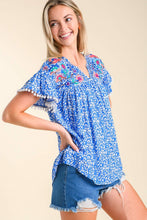 Load image into Gallery viewer, Umgee Animal Print Top with Flower Embroidery and Pom Pom Fringe Detail in Royal Top Umgee   
