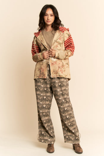 Davi & Dani Floral Denim and Knit Diamond Patchwork Jacket in Tan Multi