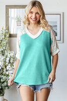 7th Ray Contrasting Mixed Fabric Top in Turquoise