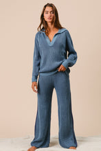 Load image into Gallery viewer, BiBi Two Toned Textured Ribbed Knit Sweater and Pants Set in Denim/Navy
