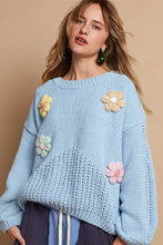 Load image into Gallery viewer, POL Chenille Knit Sweater with Multi Colored Flower Appliques in Baby Blue
