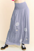 Load image into Gallery viewer, Davi &amp; Dani Smocked Waist Floral Patch Wide Leg Pants in Blue
