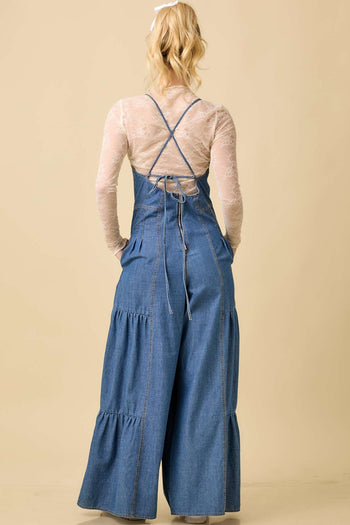 Main Strip Fitted Jumpsuit with Wide Legs in Denim