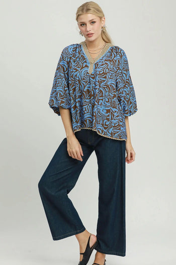 Umgee Mix Abstract Print Balloon Sleeve Blouse in Brown Mix