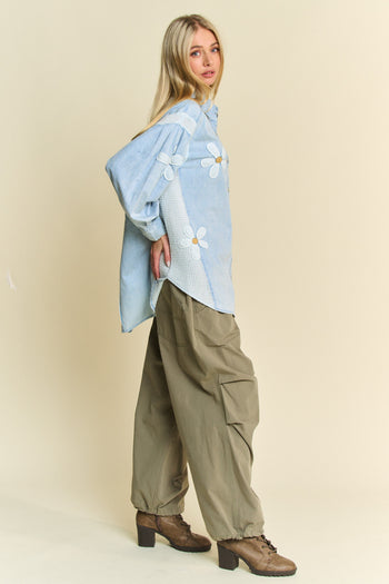 Davi & Dani Chambray and Waffle Knit Top with Daisy Patches in Light Denim
