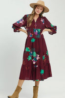 Umgee Floral Print Tiered Midi Dress with Puff Sleeves in Burgundy Mix