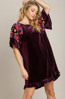 Umgee Velvet Mini Dress with Floral Embroidery in Eggplant