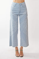 Davi & Dani Denim Pants with Paisley and Ditzy Floral Print in Light Denim