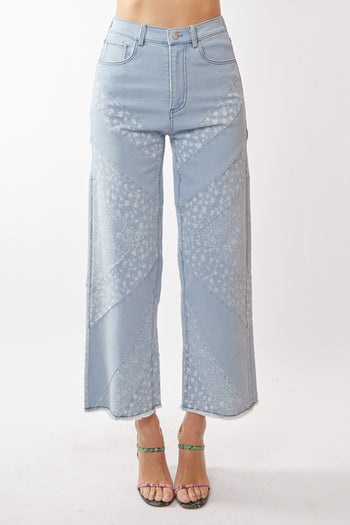 Davi & Dani Denim Pants with Paisley and Ditzy Floral Print in Light Denim