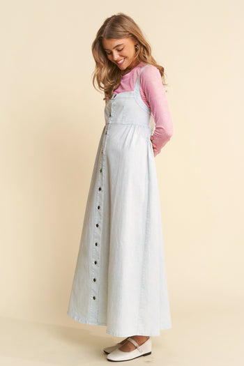 J.nna Mineral Washed Denim Button Down Front Maxi Dress in Ice Blue Denim