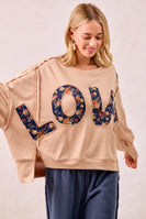 BiBi OVERSIZED French Terry Top with Floral "LOVE" Letter Patches in Oatmeal/Denim