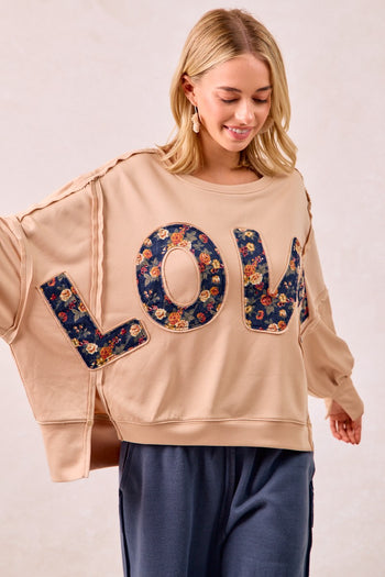 BiBi OVERSIZED French Terry Top with Floral "LOVE" Letter Patches in Oatmeal/Denim