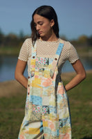 Davi & Dani Flower Patchwork Print Overall in Patchwork Denim