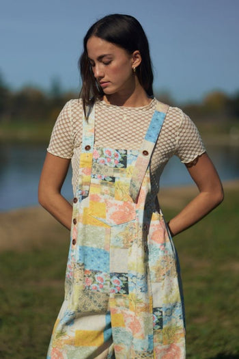 Davi & Dani Flower Patchwork Print Overall in Patchwork Denim