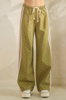 Veveret Polka Dot Pants with Satin Lace Stripes in Olive