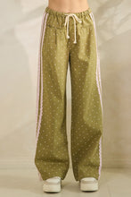 Load image into Gallery viewer, Veveret Polka Dot Pants with Satin Lace Stripes in Olive
