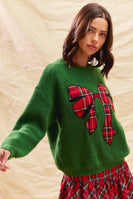 So Me Christmas Plaid Ribbon Bow Front Sweater in Green