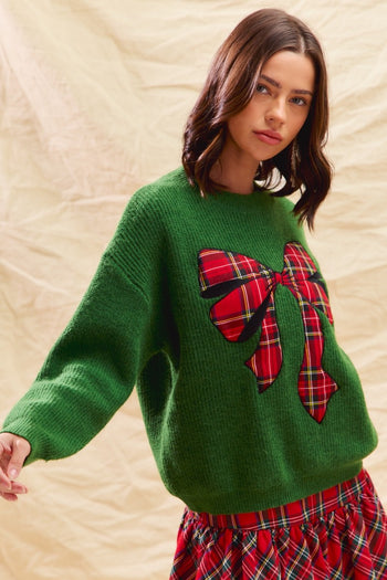 So Me Christmas Plaid Ribbon Bow Front Sweater in Green