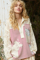 POL Striped Top with Crochet Sleeves and Patches in Cream/Ruby